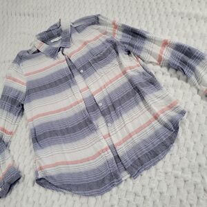 beachlunchlounge Women's Button Down Shirt - Blue and Pink Stripes Size XL
